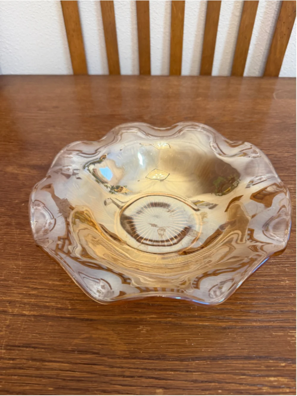 Vintage Amber Depression Glass Ruffled Console Bowl Etched Floral Serving -CH